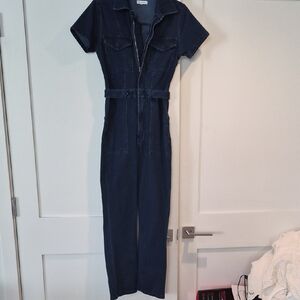 Good American Indigo Short-Sleeve Denim Jumpsuit